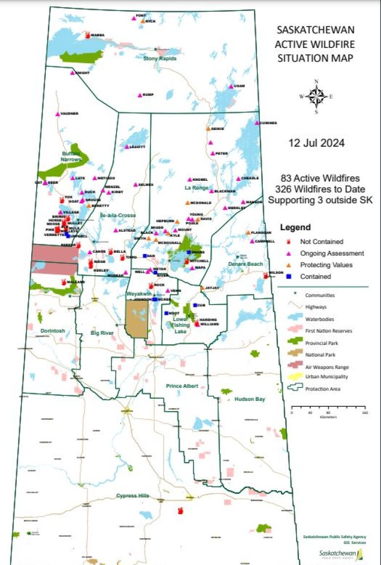 As of Friday morning, the provincial government's Saskatchewan Active Wildfire Situation Map showed 75 active wildfires burning. 