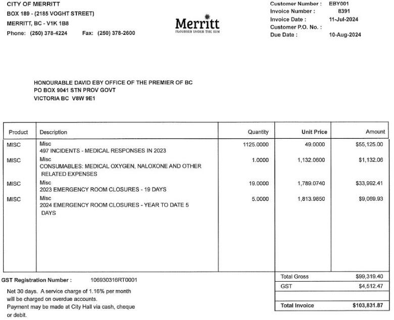 An invoice from the city of Merritt to the province of B.C. asking for reimbursement of costs related to ER closures.