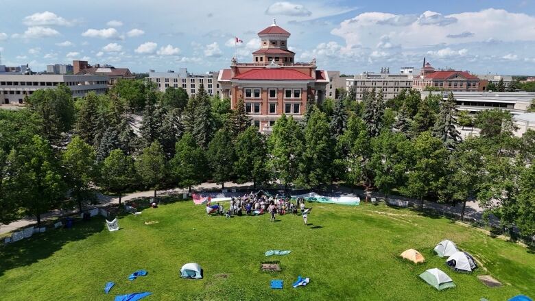 A drone shot showing people at the encampment