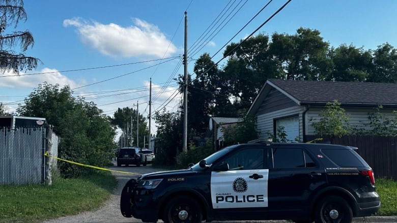 Police cars parked on a residential street. 