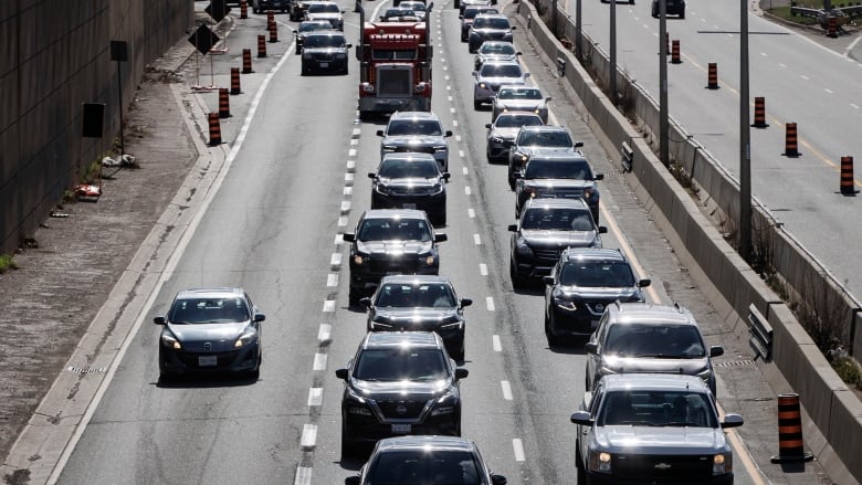 Cars backed up on a highway.