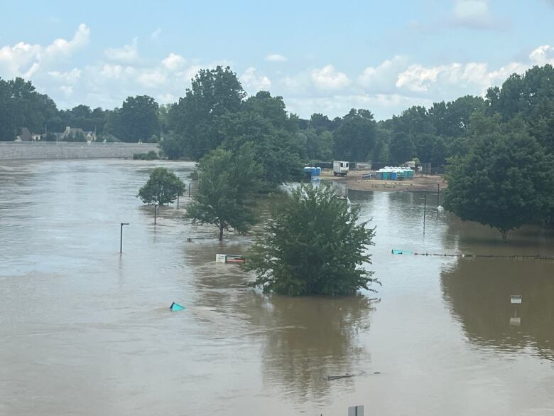 Harris Park as seen looking northward from Kensington Bridge in London on Jul. 17, 2024. Significant parts of the park were completely submerged, Wednesday.