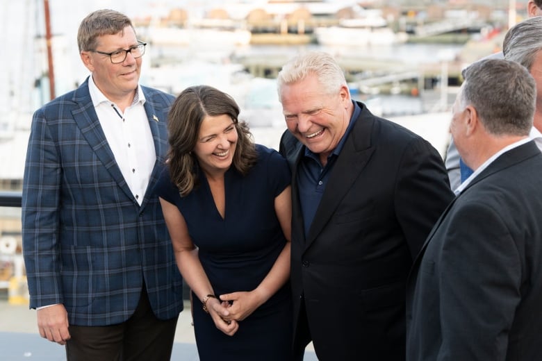 From left to right, Saskatchewan Premier Scott Moe, Alberta Premier Danielle Smith and Ontario Premier Doug Ford during a photo opportunity at the Council of the Federation meetings in Halifax on Monday, July 15, 2024. 