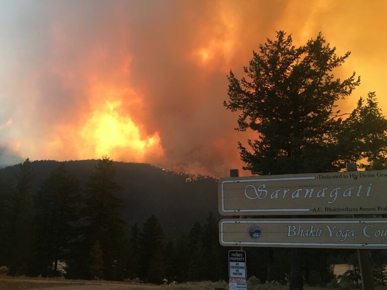 A sign that reads Saranagati Village, with flames in the background.