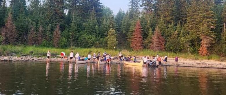 A beautiful scenery of trees and water with canoes and people on the water edge. 