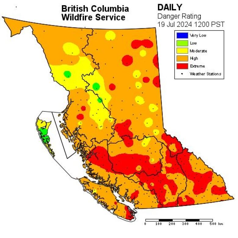 A map of B.C. showing orange and red sections throughout, indicating high or extreme wildfire risk.