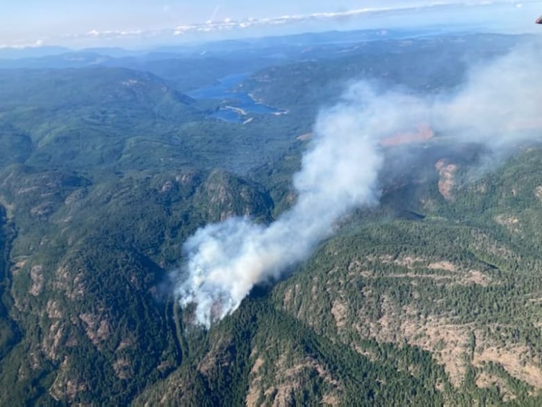 Flames arise from a forested hilltop on a sunny day.