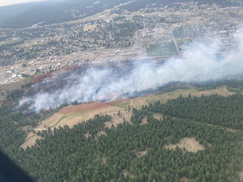 Flames and smoke are seen from above next to a community.