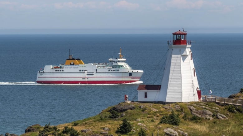 A large white boat moves over blue water in front of a grassy island with a white lighthouse on it.