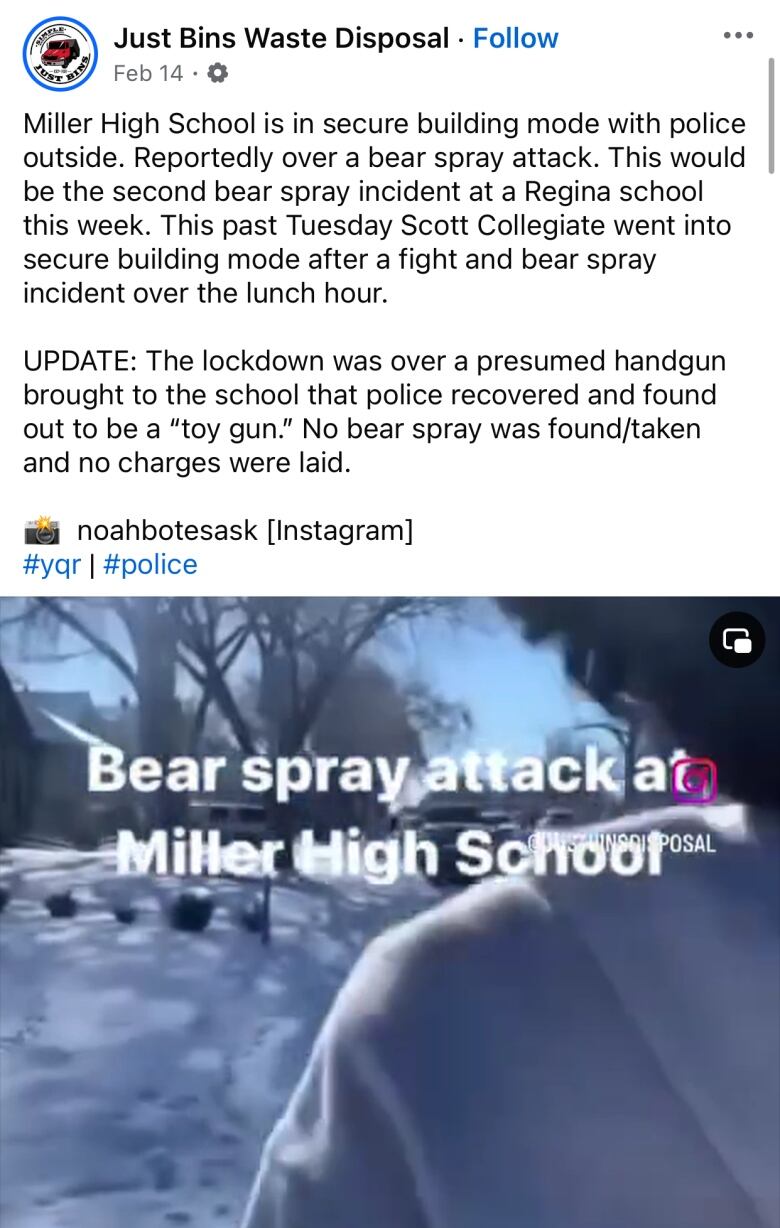 Students can be seen running in the snow with a label describing a 'Bear spray attack at Miller High School.