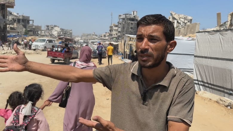 Palestinian Muhammad Awaida says repeated Israeli strikes forced him to leave his home in Gaza.