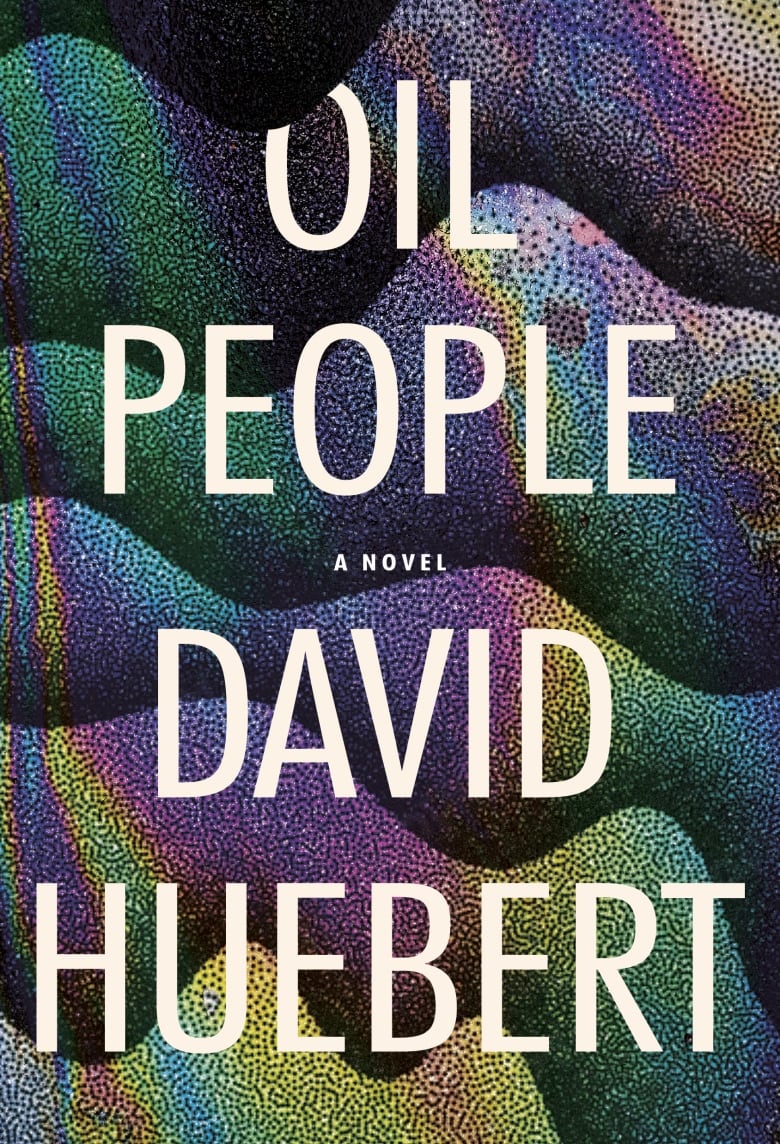 A book cover shows a multi-coloured oil spill in waves with a drip of black oil covering the first word of the title.