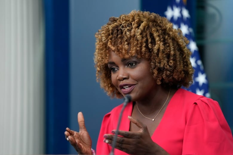 White House press secretary Karine Jean-Pierre speaks during the daily briefing at the White House in Washington, Wednesday, July 24, 2024. 