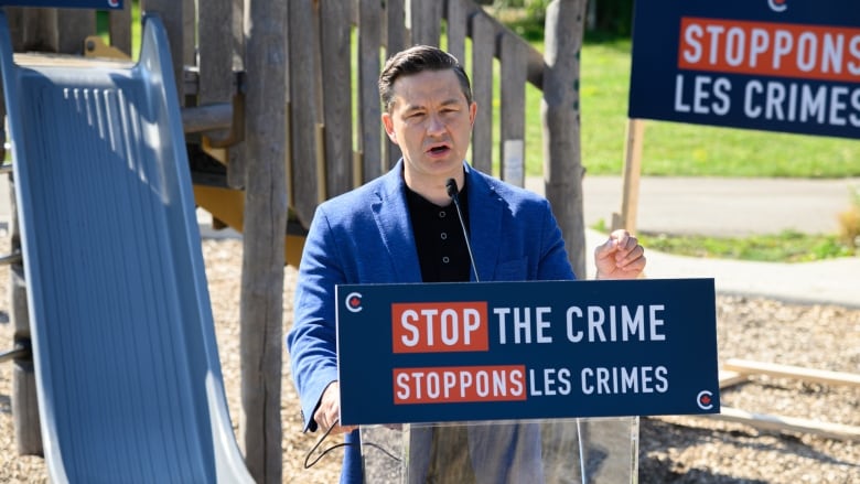 Conservative Leader Pierre Poilievre stands at a podium set up in a playground in London Ontario. The sign on the podium says 