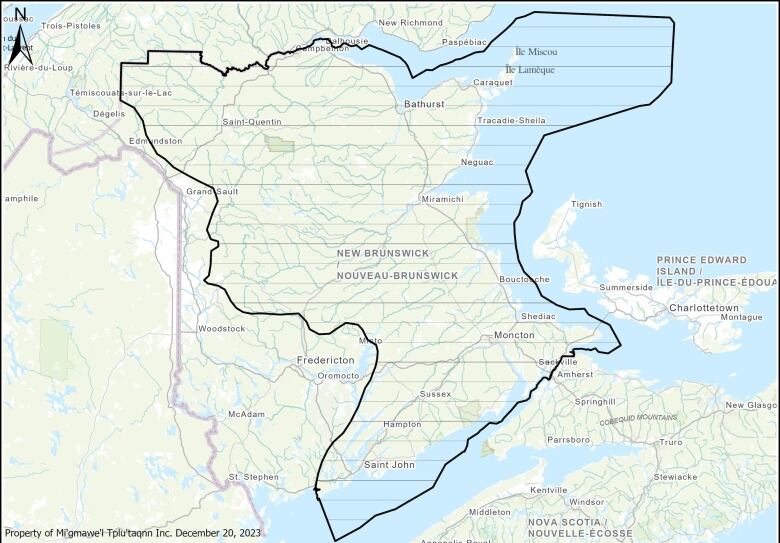 A map of New Brunswick showing a black line around about two thirds of the province. 