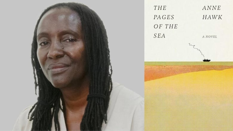 A Black woman with long dark hair looks into the camera. A book cover shows a far off ship on a yellow ocean. 