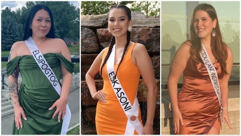 three women's photos side by side, wearing sashes and posing in evening gowns 