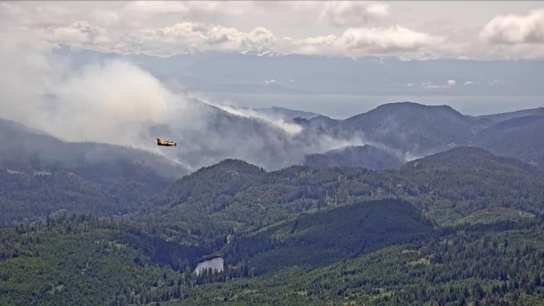 A plane flies near smokey hills