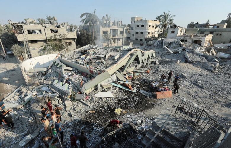 An aerial shot of a destroyed building.