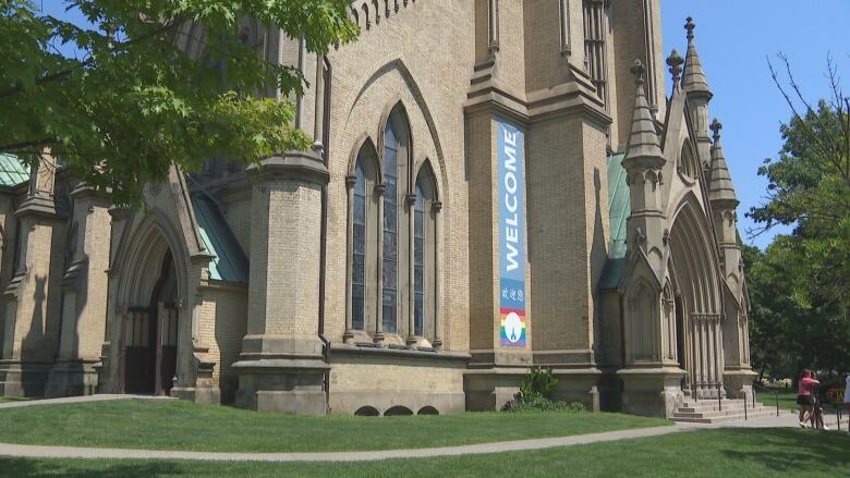 A church with green lawn.