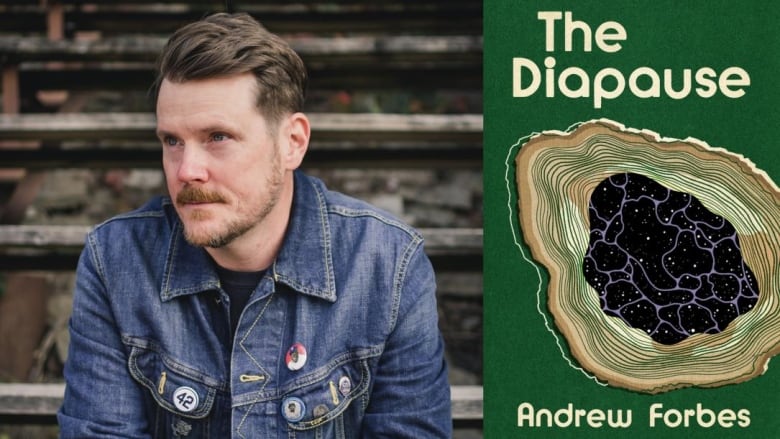 A white man with brown hair, moustache, and beard sits on bleachers and looks to the left. A book cover shows an illustrated inside of a geode on a green background.