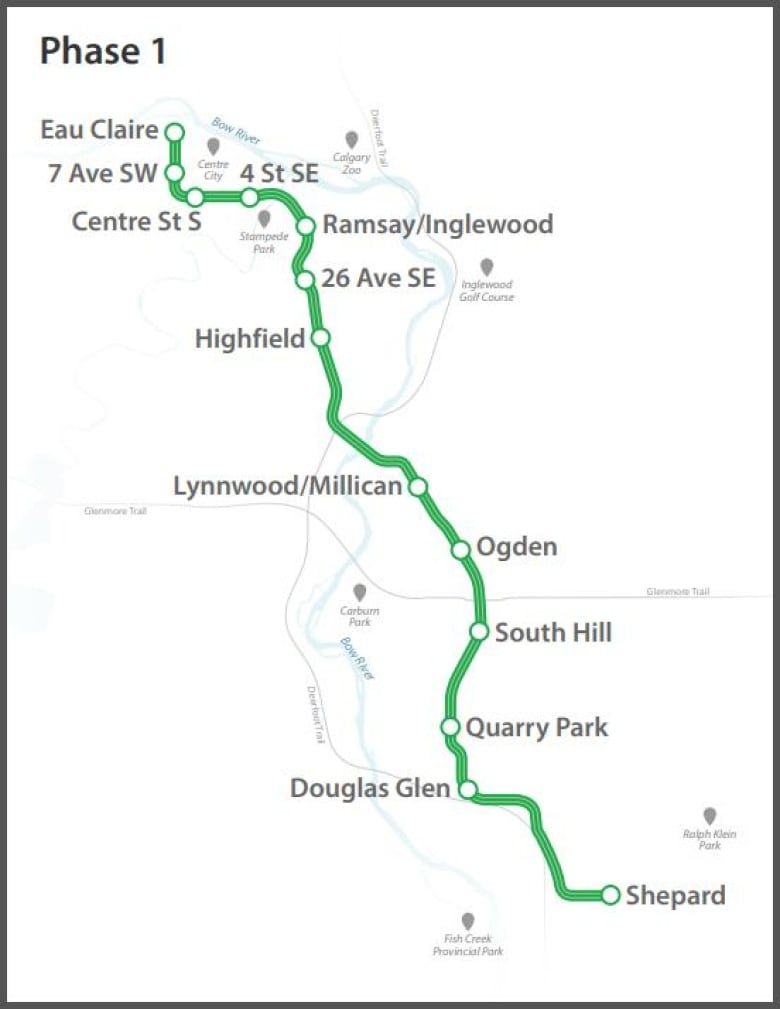 A map with a green line connecting dots with names corresponding to stops in the city. 