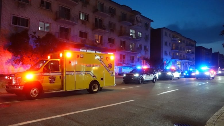 Emergency vehicles lined up on the street at night. 