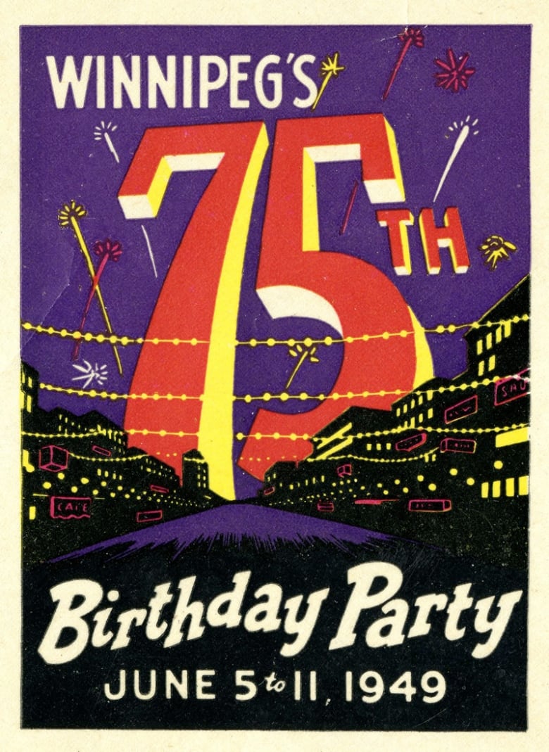 Colourful poster that proclaims Winnipeg's 75th anniversary