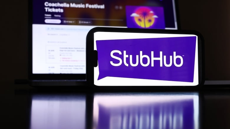 The purple StubHub logo is displayed on a small phone screen.