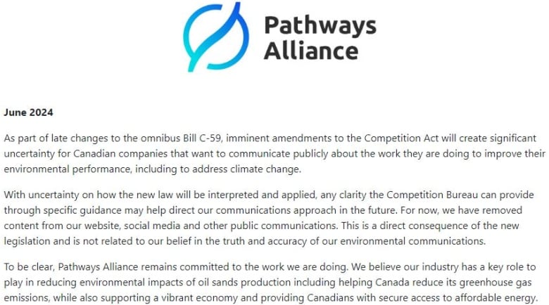 A notice outlines the Pathways Alliance' pushback against Bill C-59.