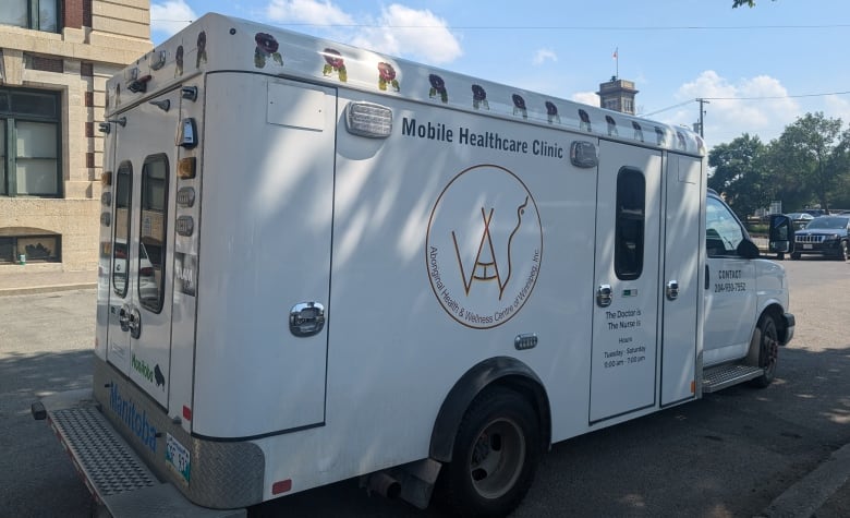 A white van with a logo and the words 'Mobile Healthcare Clinic' on one of its sides.