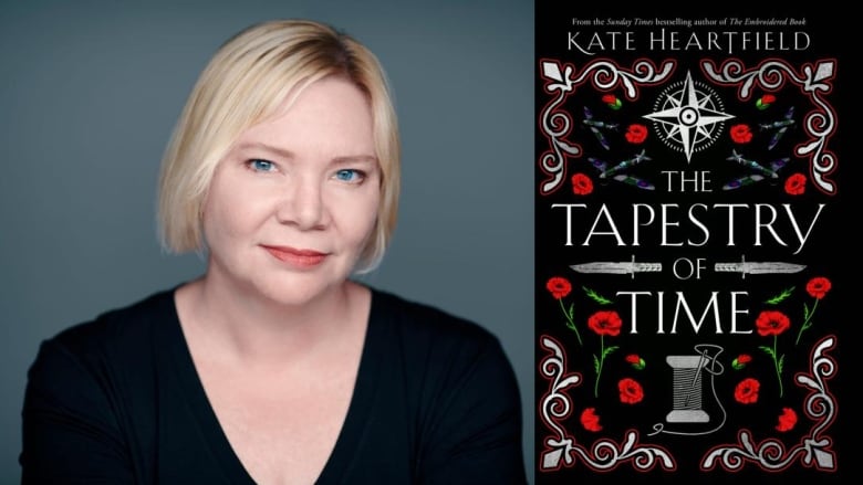 A white woman with a blonde bob looks at the camera. A book cover shows poppies, a needle and thread, swords, and a compass on a black background.