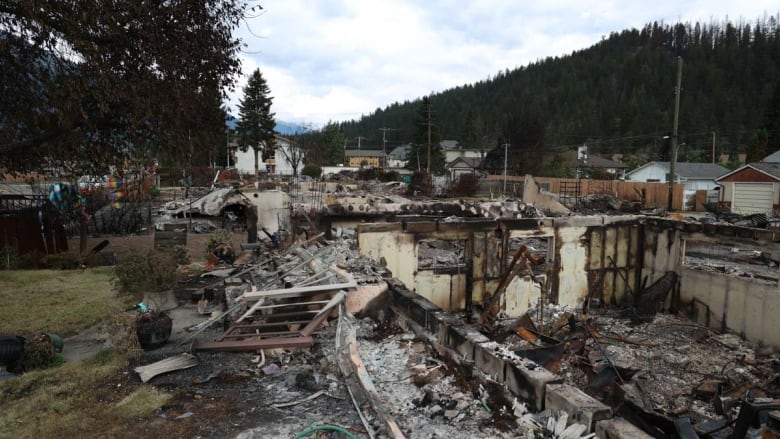 Burned structure frames in piles of debris.