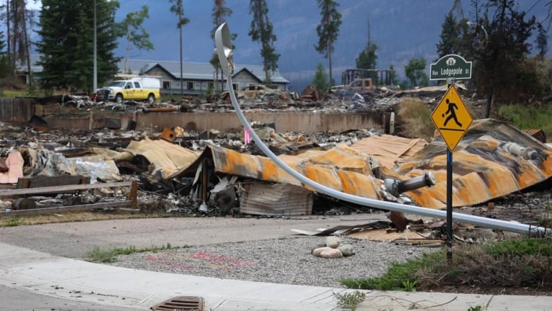 A collapsed structure and a bent over streetlight on a road with a yellow sign and a sign saying Rue Lodgepole St. 