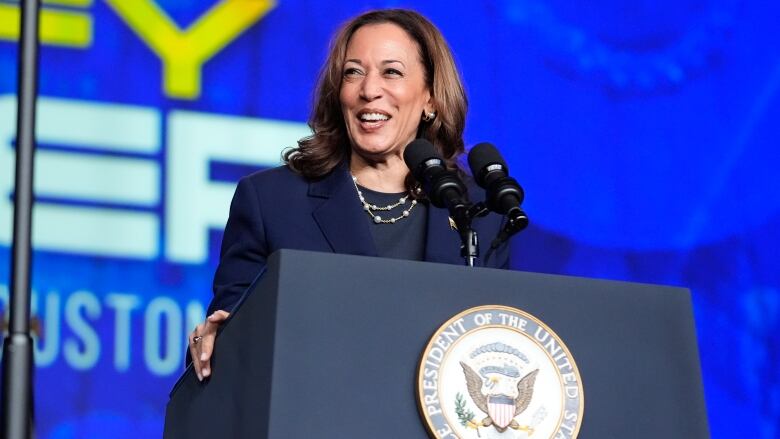 U.S. Vice President Kamala Harris is seen speaking in Houston on Wednesday.