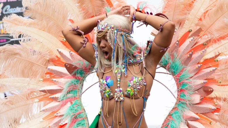 A woman dressed in a festive bikini and feathers for Caribbean Carnival strikes a pose. The feathers take up the whole frame. She is visible from the waist up