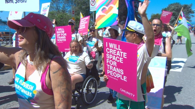 Bunch of people at a parade wearing colorful clothes and holding banners