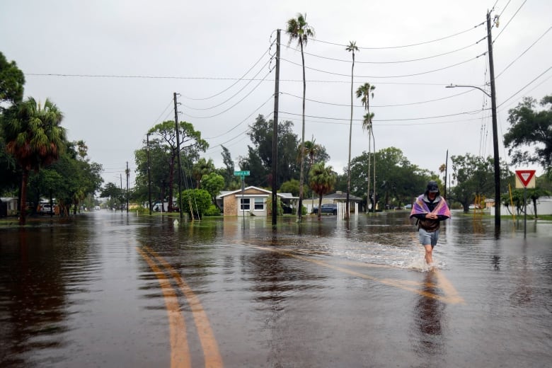 A man wades through the flooded streets of St. Petersburg, Fla., after Hurrican Debby passed through the area. 