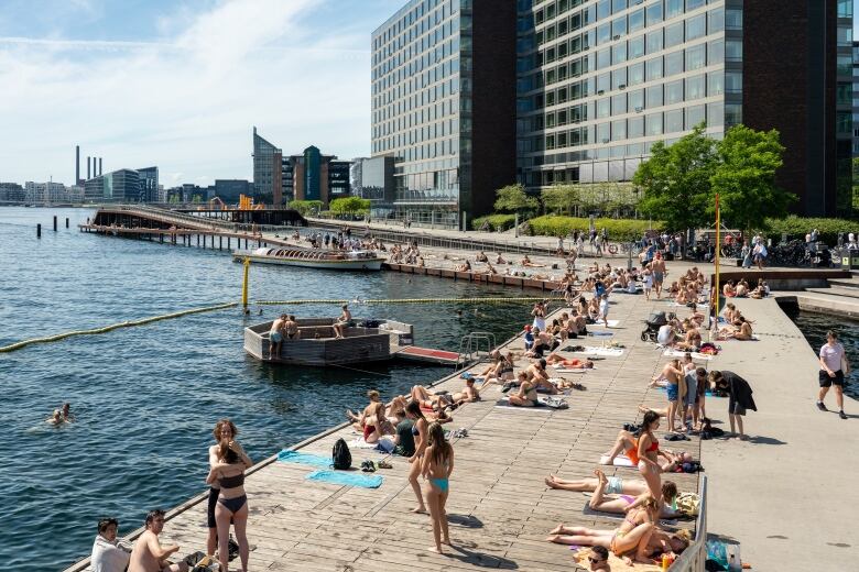 People lie out in the sun and swim in a city's harbour.