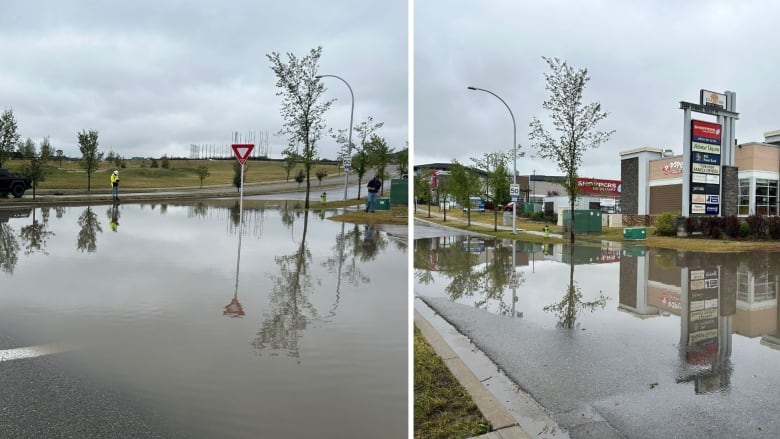 two images. both show a street flooded with dirty water from two different angles. there is an intersection and some businesses by the street.