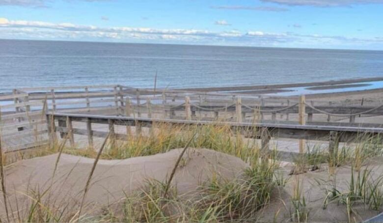 A sandy shore with a wooden boardwalk sits before a calm, blue ocean.