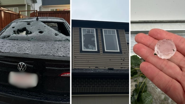 three images. one shows a car rear window smashed, one shows a house window smashed with holes in the siding, and the last one shows a piece of hail.