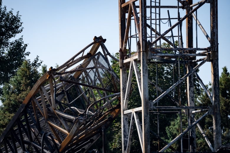 Scorched crane scaffolding.