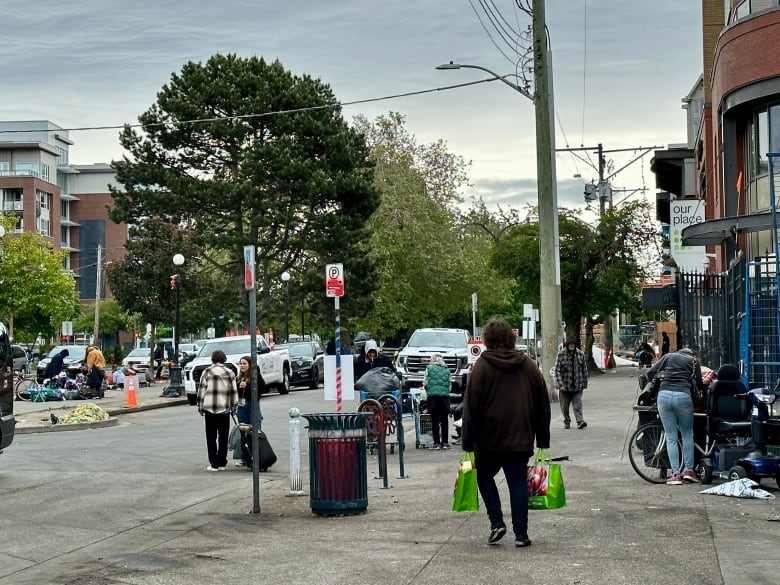 People walking and hanging out on a city street.