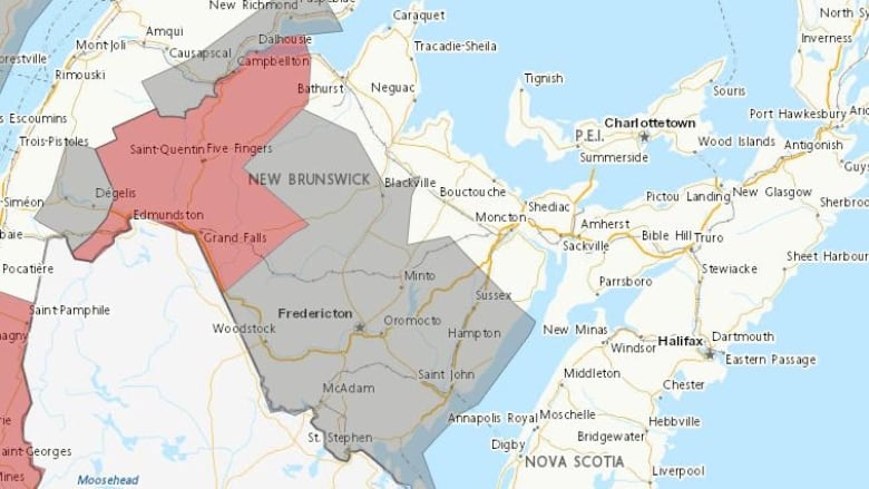 A map of New Brunswick with northwestern areas shaded red and most other areas shaded grey.