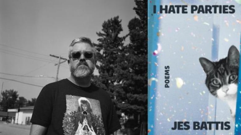 A black and white portrait of a person with grey hair, a beard and sunglasses and the book cover featuring a cat peeking through a door