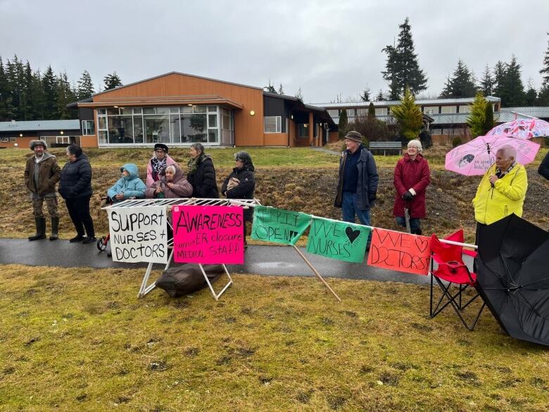 Masset community memgbers gathered outside the Northern Haida Gwaii Hospital in Februrary 2023 to demand more resources and support for local staff to prevent possible ER closures.