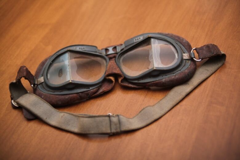 A pair of Second World War flying goggles are shown.