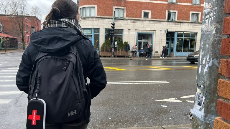 A person with a backpack seen from behind