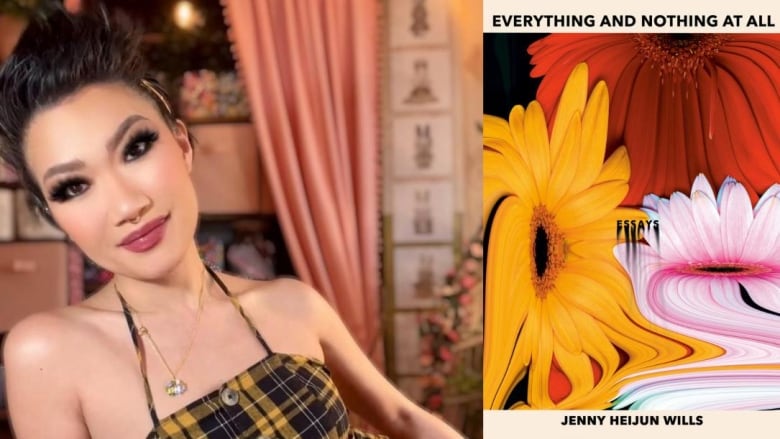 A Korean woman with short black hair looks at the camera. A book cover with three flowers melting into each other.